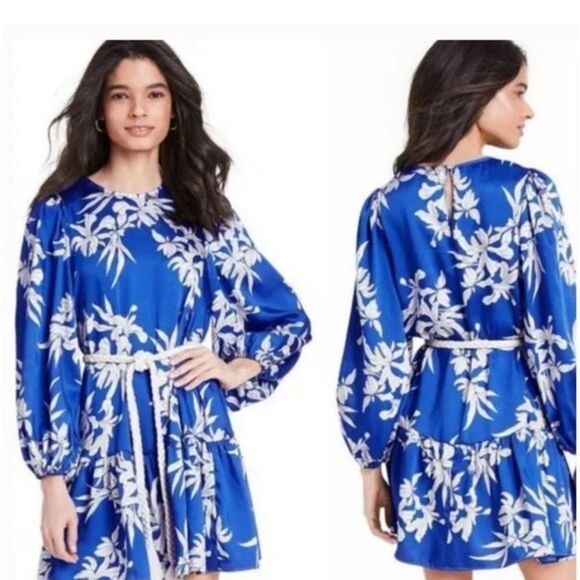 Alexis Dresses & Skirts - Alexis X Target Blue White Floral Long Sleeves Tiered Satin Mini Dress M